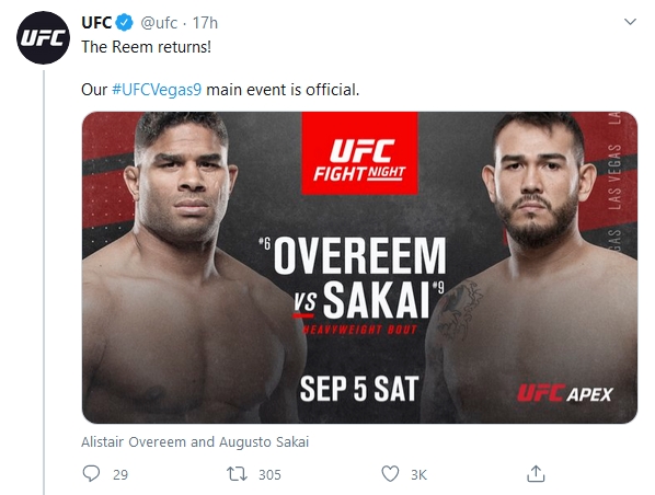 Alistair Overeem đấu Augusto Sakai ở sự kiện chính UFC Vegas 9.