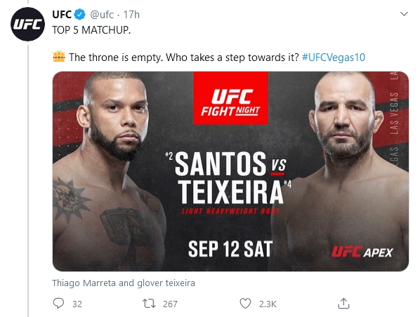Glover Teixeira đấu Thiago Santos ở sự kiện chính UFC Vegas 10.