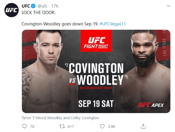 Covington và Woodley đối đầu tại sự kiện chính UFC Vegas 11.