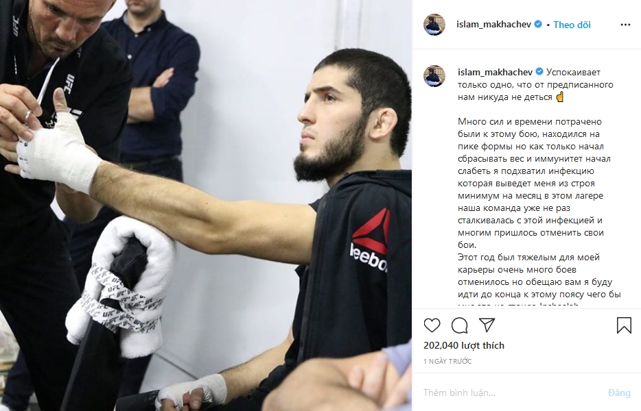 Islam Makhachev xác nhận việc nhiễm trùng tụ cầu và rút lui khỏi cuộc chiến với Dos Anjos trên instagram. Ảnh chụp màn hình.